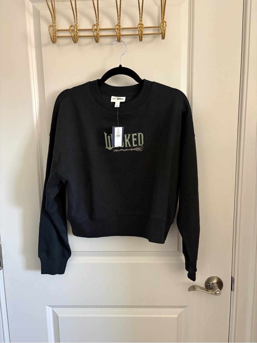 GAP Black Cropped Crewneck Sweater with Green Wicked Logo